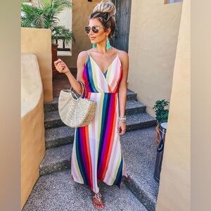 Lush Rainbow Stripe Strappy Deep V Side Slit Maxi Flowy Dress Size large